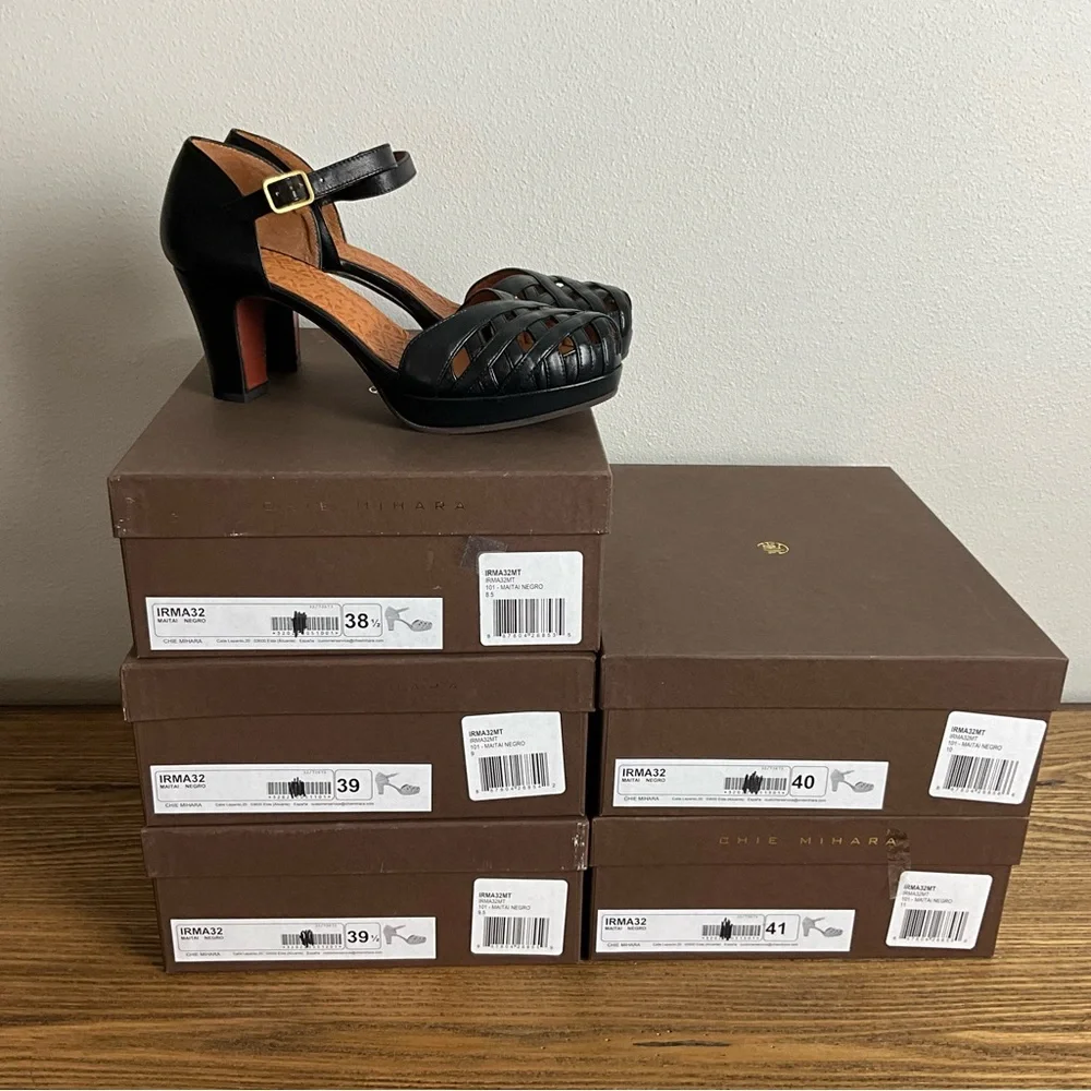 Chie Mihara Black Leather Woven Ankle-Strap Heels
